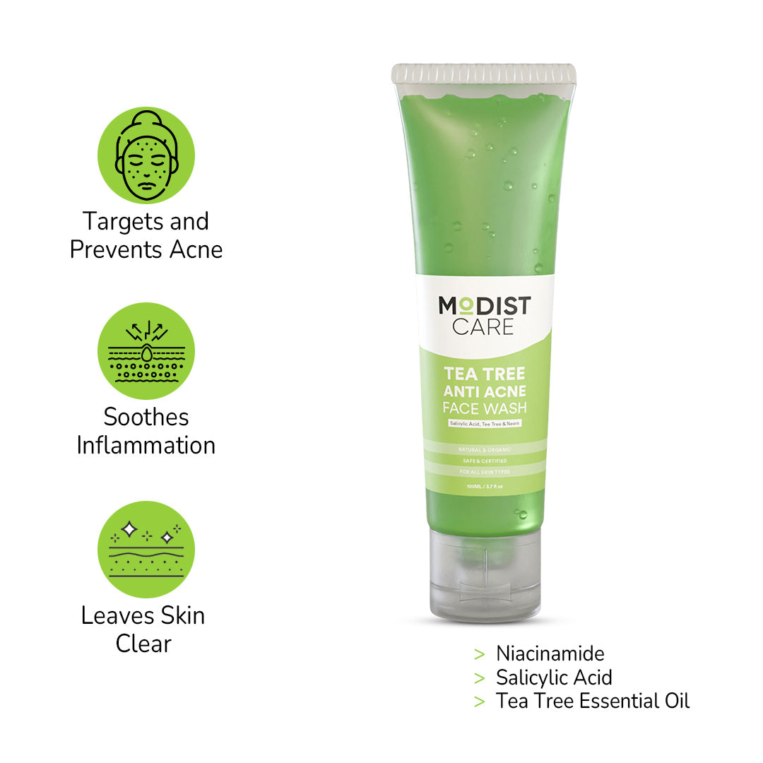 Tea Tree Anti Acne Face Wash - 100ml with Salicylic Acid, Tea Tree & Neem