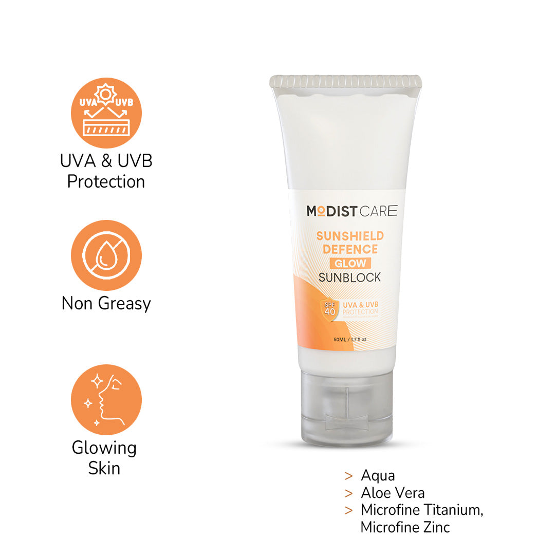 Sunshield Defence Glow Sunblock - 50ml with SPF 40 UVA & UVB Protection